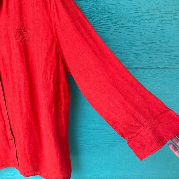 100% LINEN BUTTON DOWN TUNIC TOP ORANGE LAUREN RALPH LAUREN LRL SIZE 1X EUC - Picture 4 of 6